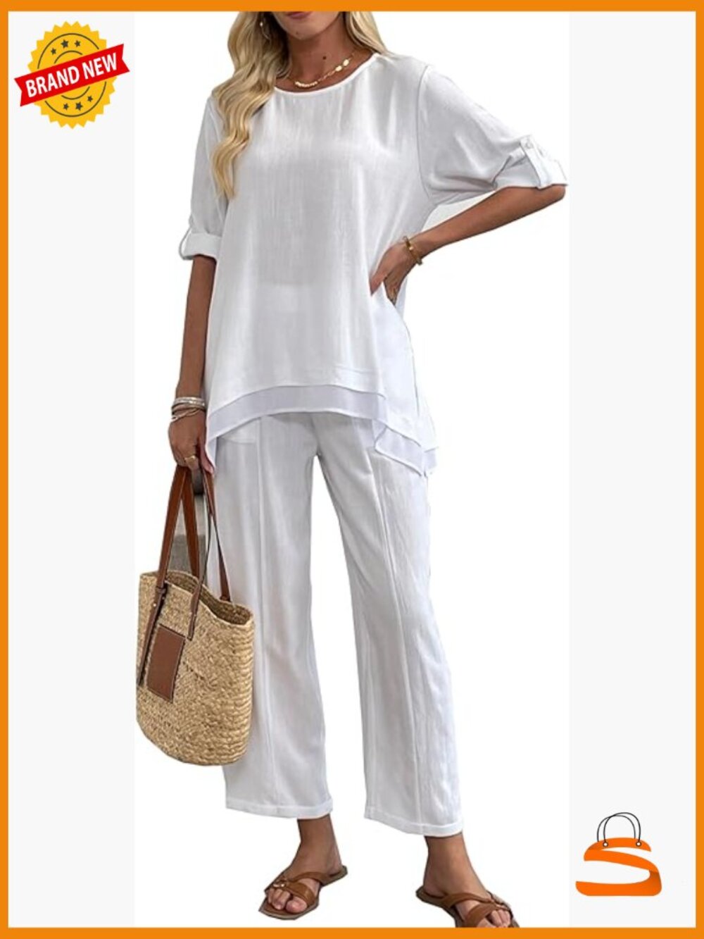 Linen Blend 2 Piece Outfit - Rolled Sleeve Top & Wide Leg Pants Summer Suit Set